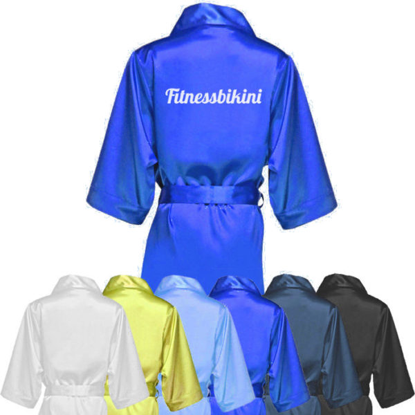 Атласный халат «Fitnessbikini» для фитнес-бикини (синий)